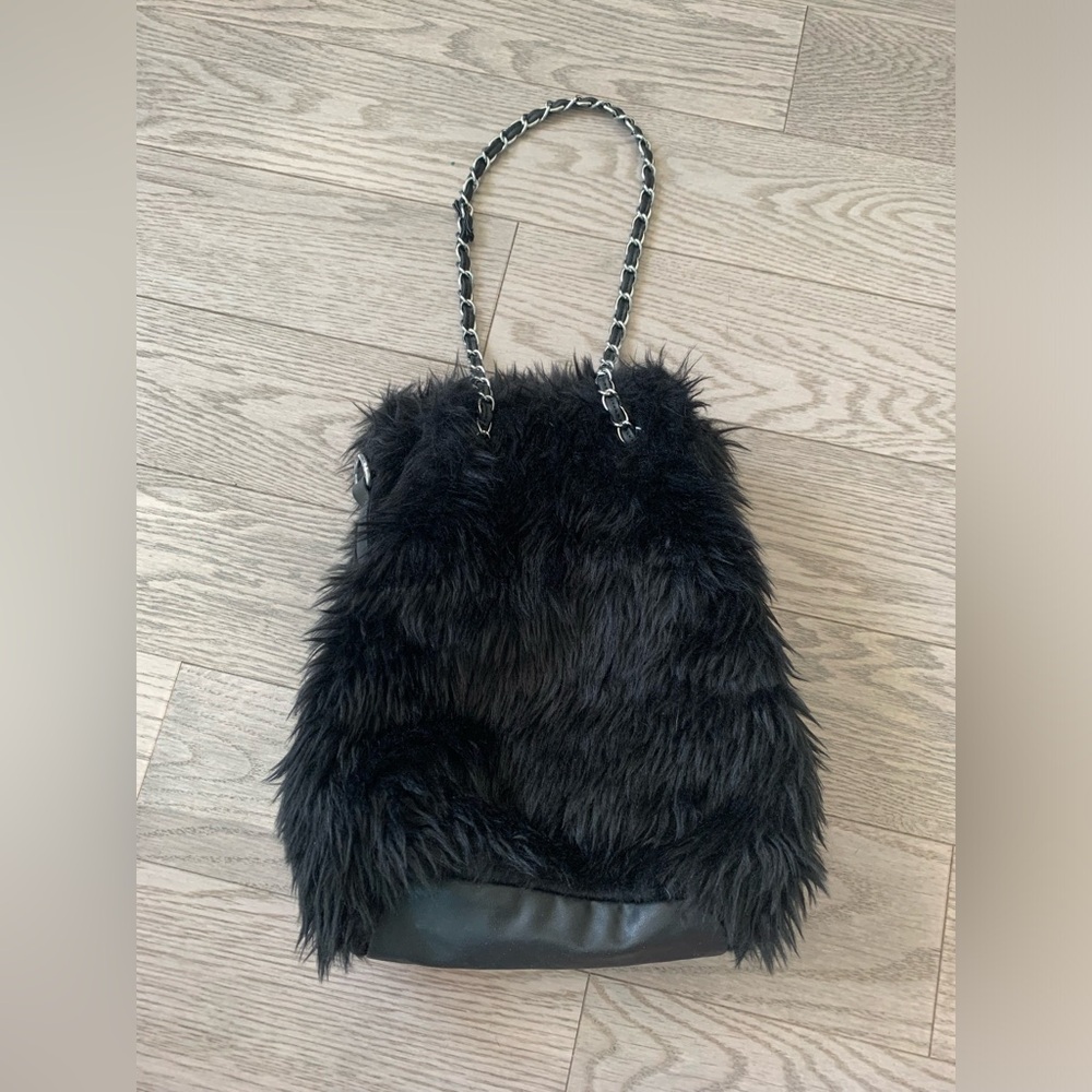 New Black Faux Fur Bucket Hand Shoulder Bag